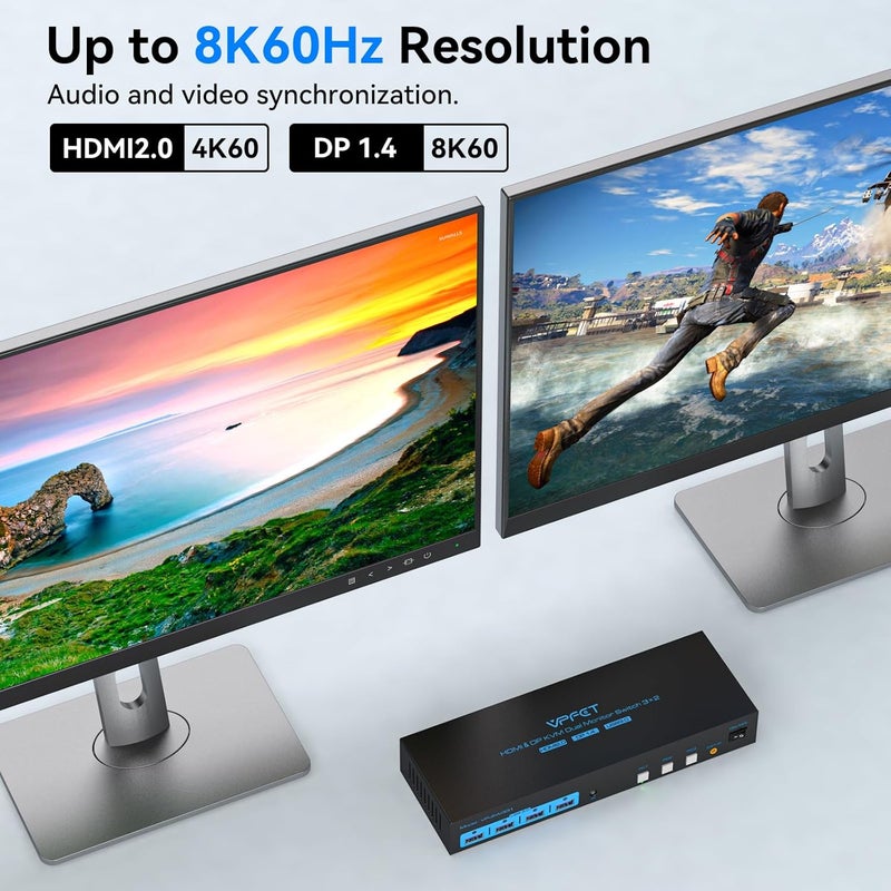 CMSTEDCD HDMI2.0+ Displayport1.4 KVM Switch 2 Monitors 3 Computers USB 3.0 KVM 8K & 4K Swicthes for 3 Computer Share Dual Monitor and 1 Set of Keyboard Mouse Printer and U Disk. Two USB Cables Included. - Image 5